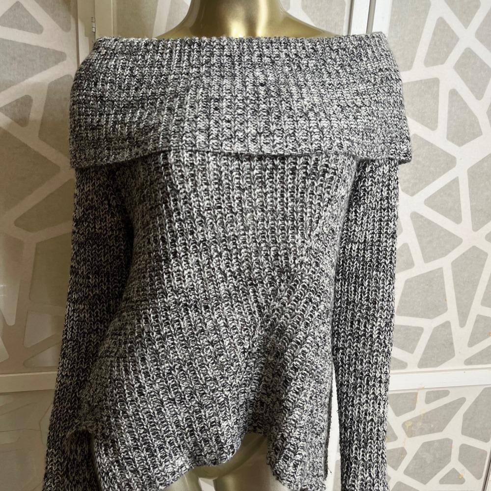 VTG Faded Glory Womens Marled Knit Sweater Black White Off The Shoulder M Boho